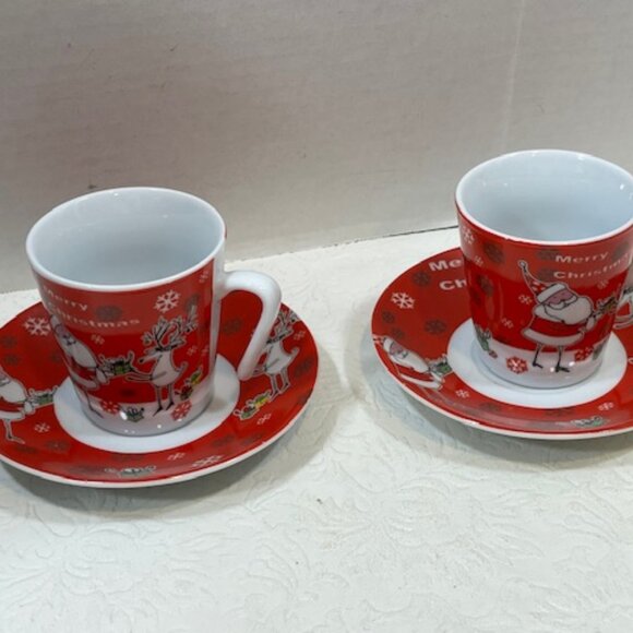 VTG 90's 2 Pc Set Christmas Porcelain Expresso Mini Cup/Saucer Santa & Reindeer - Picture 3 of 16